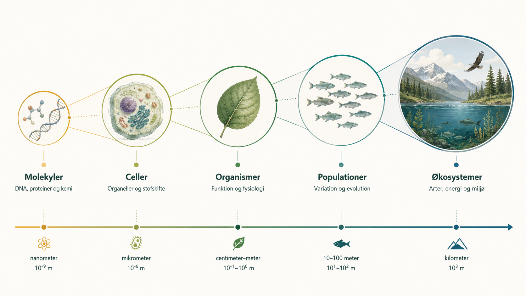 Biologiens organisationsniveauer fra molekyler over celler, organismer og populationer til økosystemer, vist sammen med deres omtrentlige størrelsesordener.