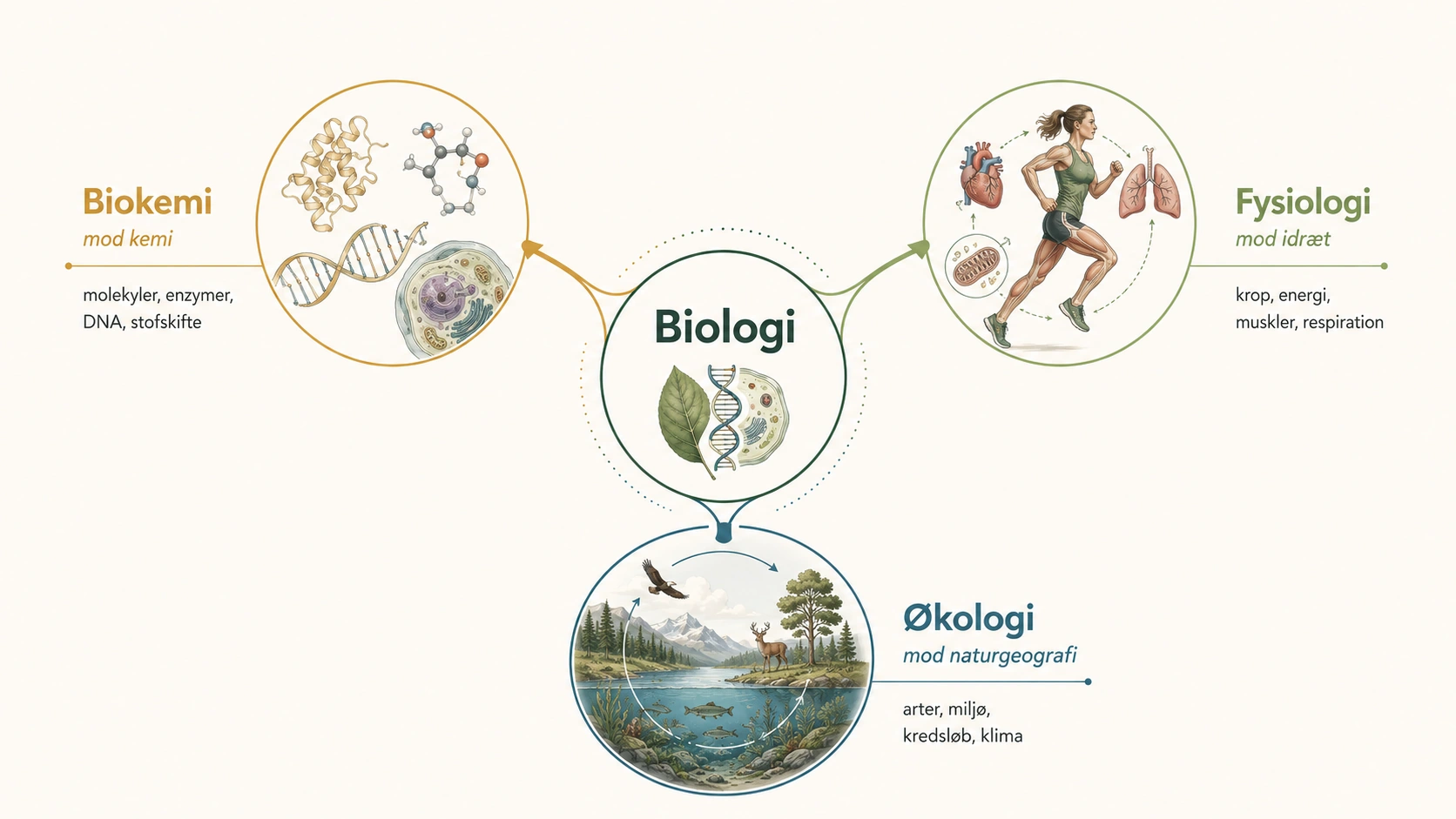 Marks model af biologien som et mødested mellem biokemi, fysiologi og økologi med forbindelser til kemi, idræt og naturgeografi.